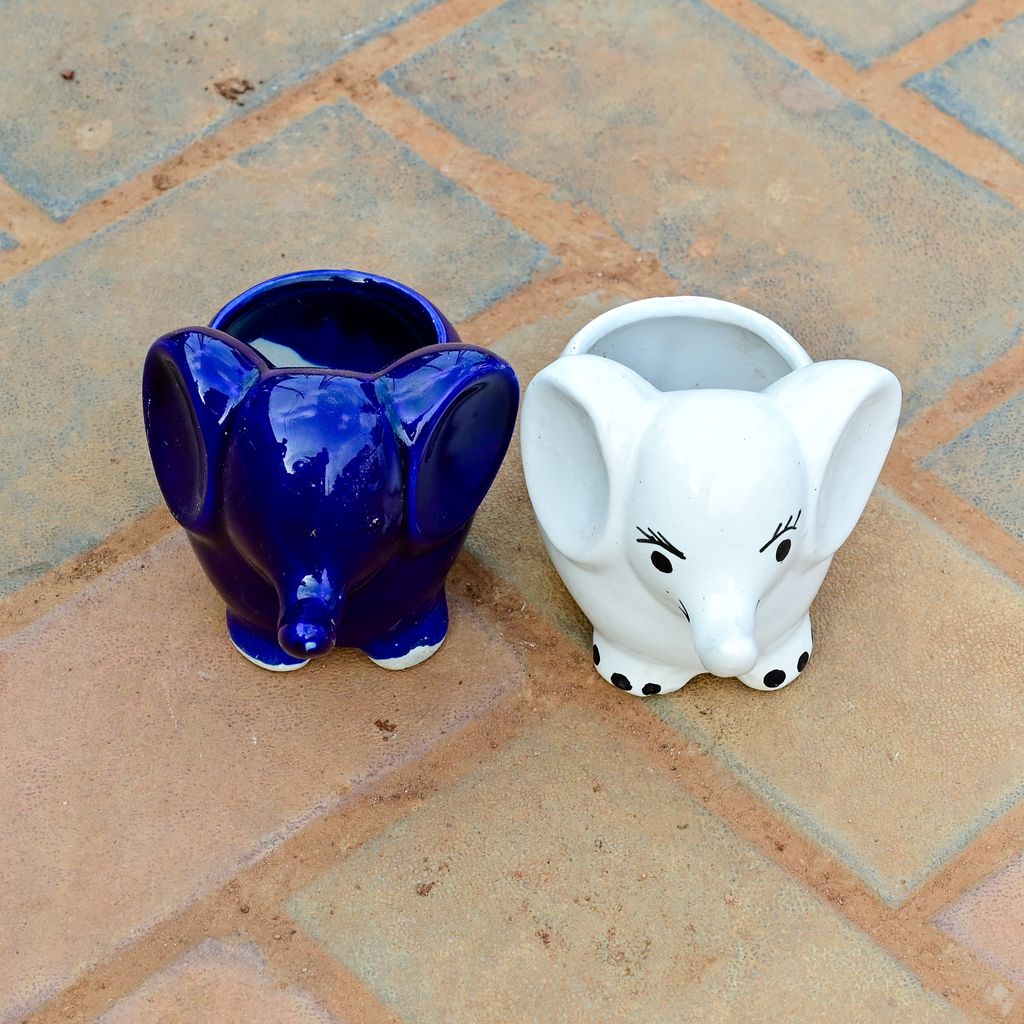 Set of 2 - 3 Inch Cute Elephant Designer Ceramic Pot (any colour)