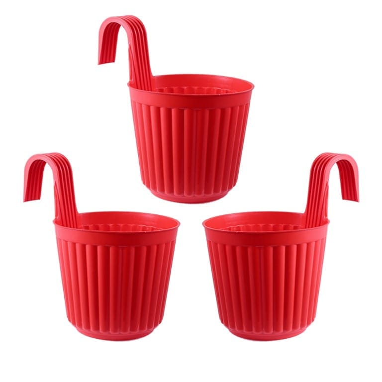 Set of 03 - 7 Inch Red Railing Single Hook Hanging Plastic Pot