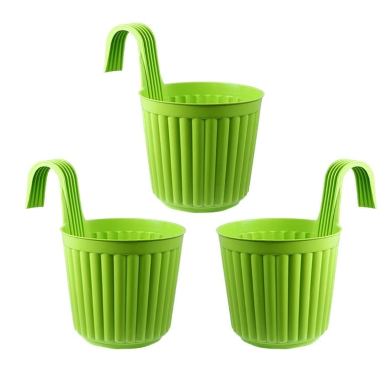 Set of 03 - 7 Inch Green Railing Single Hook Hanging Plastic Pot