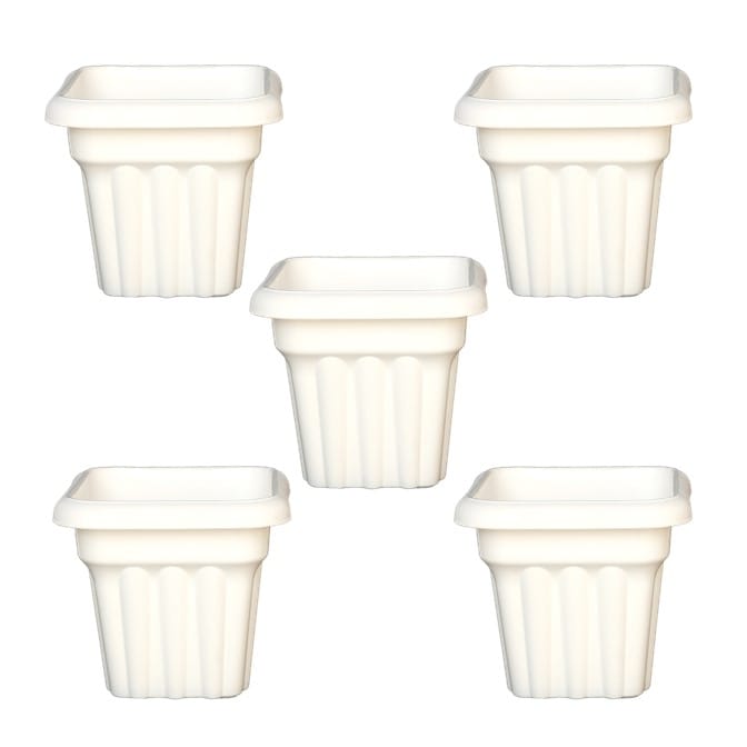 Set of 05 - 8 Inch White Heavy Square Plastic Pot