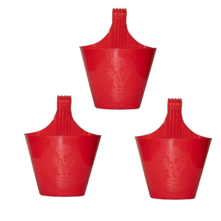 Set of 03 - 8 Inch Red Single Hook Hanging Plastic Pot