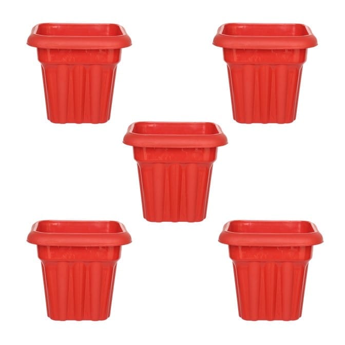 Set of 05 - 10 Inch Red Heavy Square Plastic Pot