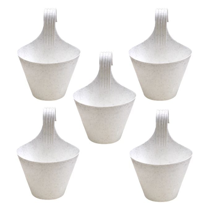 Set of 05 - 8 Inch White Single Hook Hanging Plastic Pot