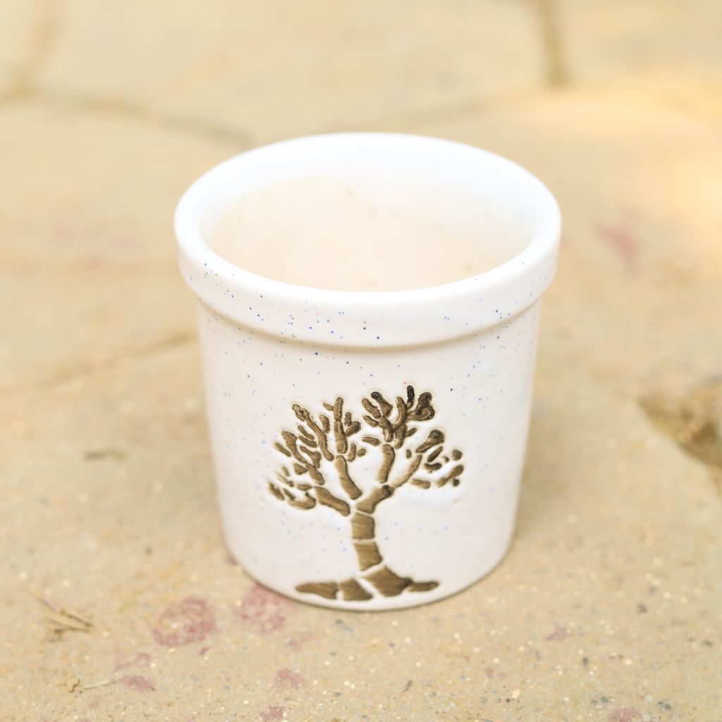 4 Inch Classy White Tree Designer Cylindrical Ceramic Pot (any design)