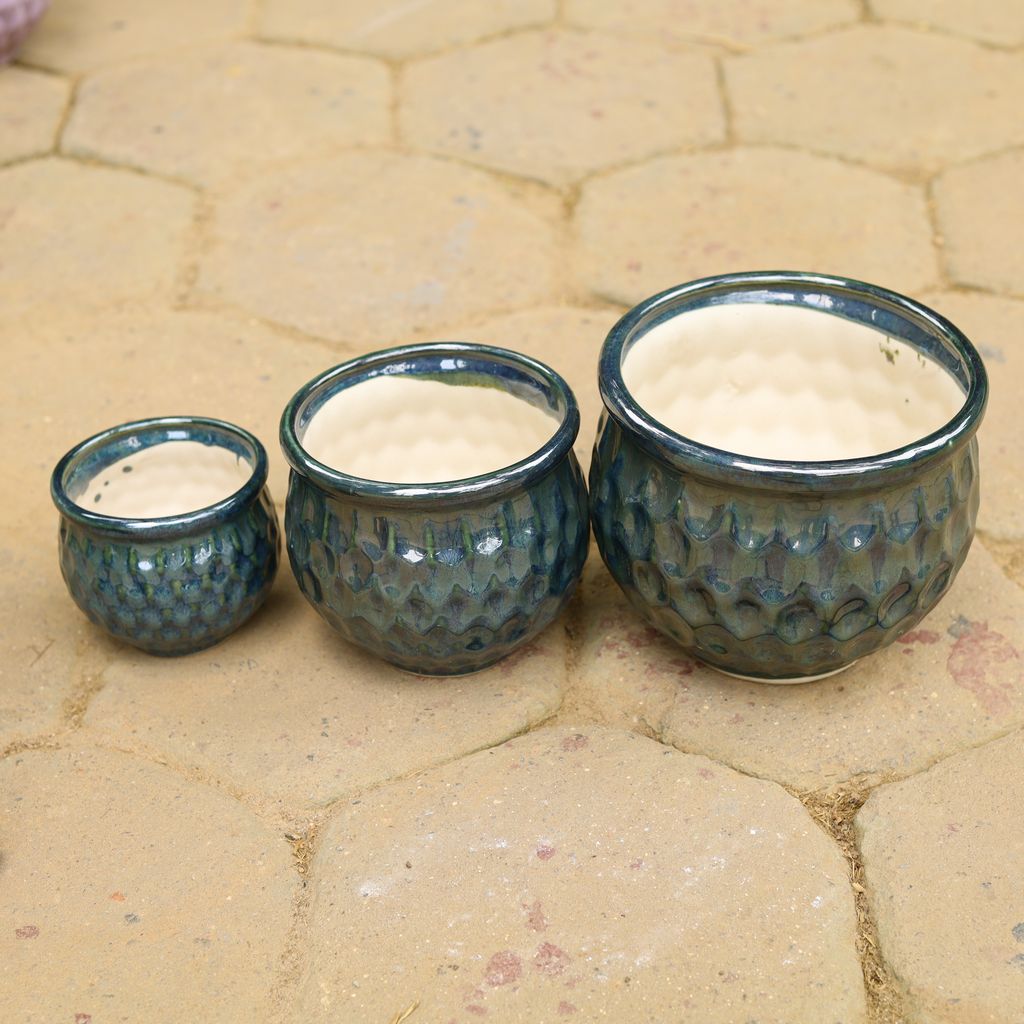 Set of 3 - (4,6 & 8 Inch) Blue Textured Handi Designer Ceramic Pot,Pots:Ceramic Planters:Royal Ceramic Pots