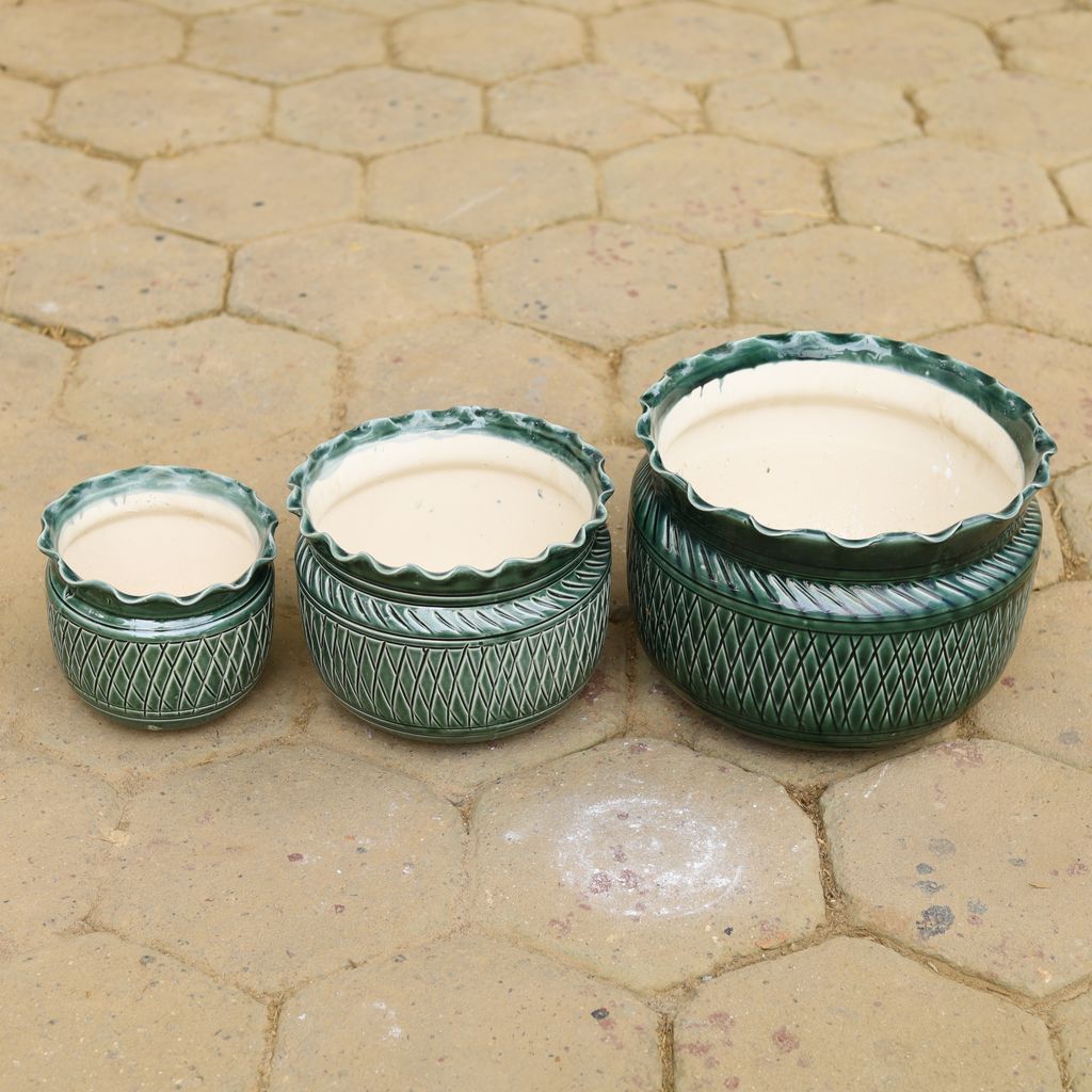 Set of 3 - (6,8 & 12 Inch) Green Handi Designer Ceramic Pot