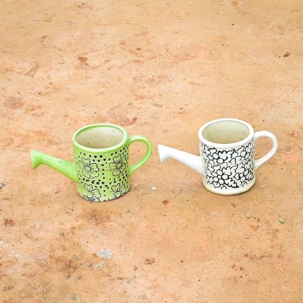 Set of 2 - 7 Inch White & Green Watering Can Shape Designer Ceramic Pot (any design)