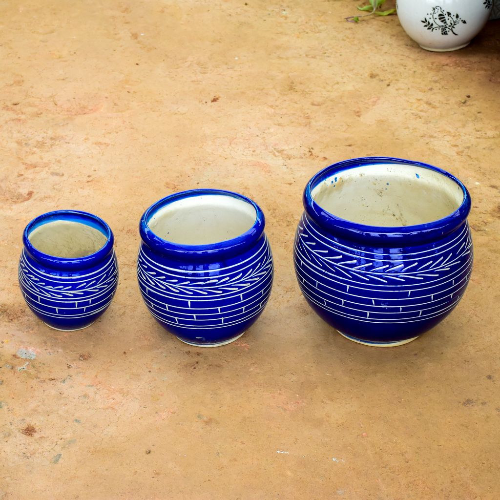 Set of 3 - (6, 9 & 12 Inch) Blue Matki Designer Ceramic Pot (any colour) (any design),Pots:Ceramic Planters:Royal Ceramic Pots