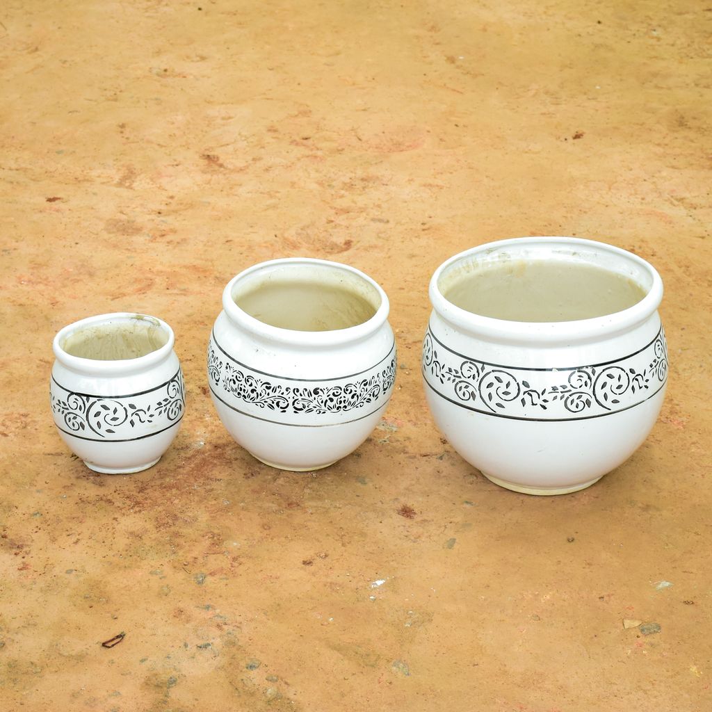 Set of 3 - (6, 9 & 12 Inch) White Matki Designer Ceramic Pot (any colour),Pots:Ceramic Planters:Royal Ceramic Pots