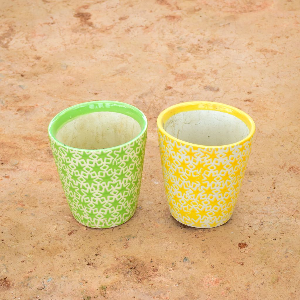 Set of 2 - 6 Inch Green & Yellow Balti Designer Ceramic Pot (any design)