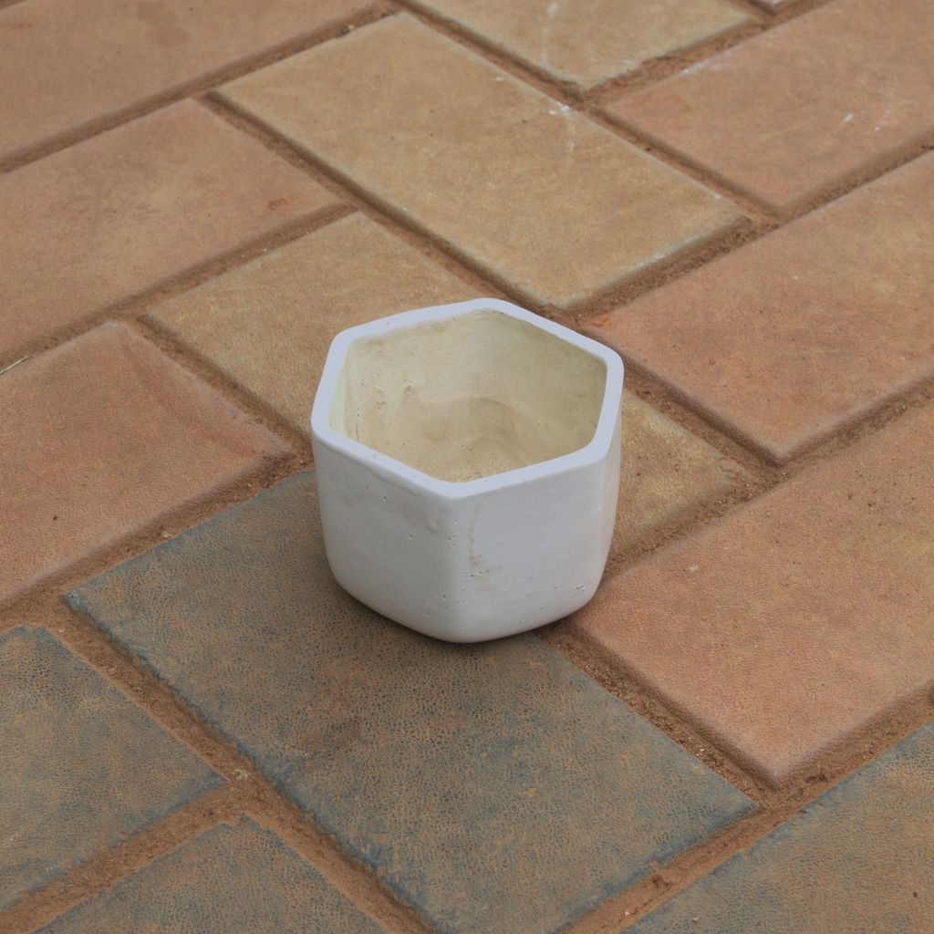 4 Inch White Hexagonal Designer Ceramic Pot