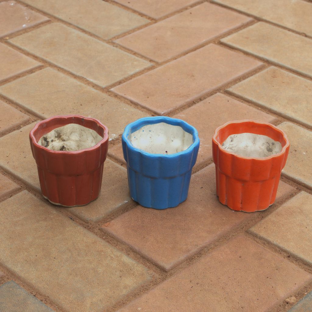 Set Of 3 - 4 Inch Flower Designer Ceramic Pot (Any Colour)