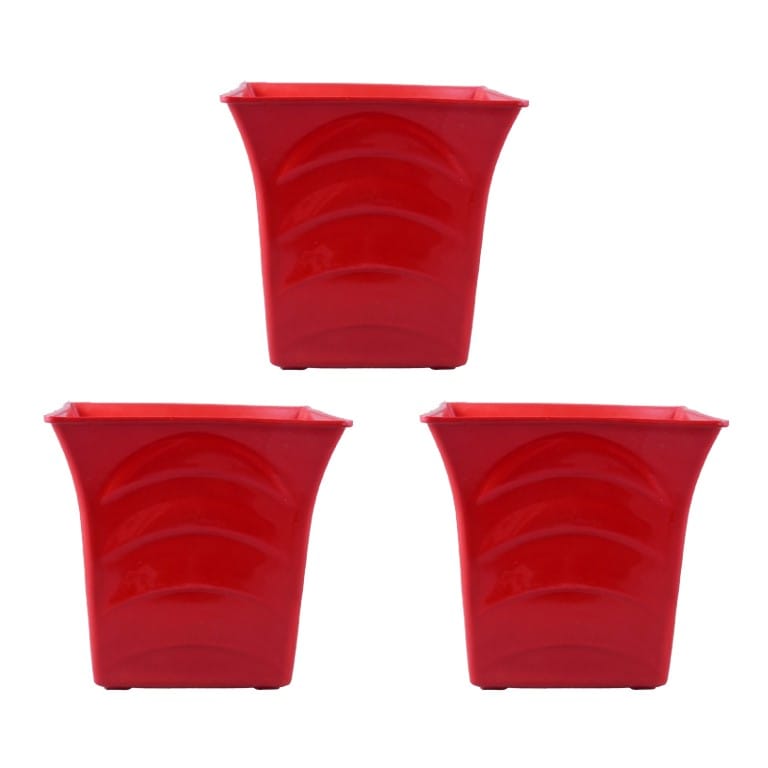 Set of 03 - 08 Inch Red Premium Tokyo Square Plastic Pot