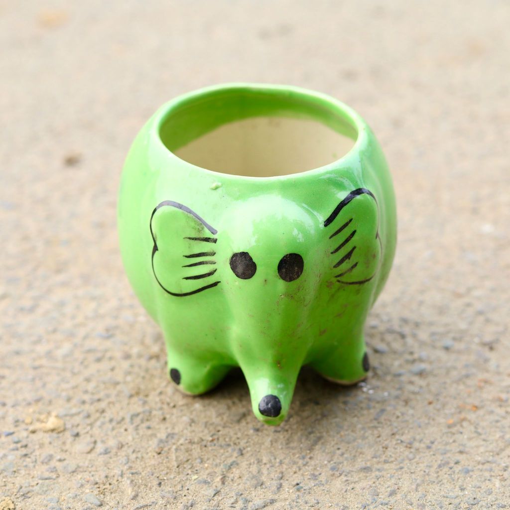 8 Inch Green Cute Elephant Designer Ceramic Pot (Any Colour)