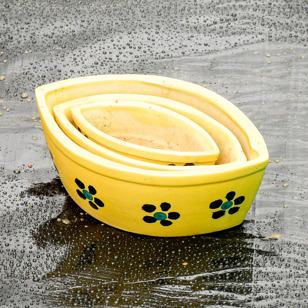 Set of 3 - 3,5 & 7 Inch Yellow Boat Designer Ceramic Pot