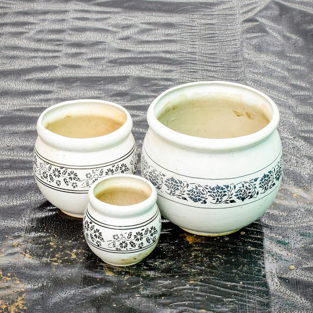 Set of 3 - 5,7 & 10 Inch Classy White Matki Designer Ceramic Pot (any design),Pots:Ceramic Planters:Royal Ceramic Pots