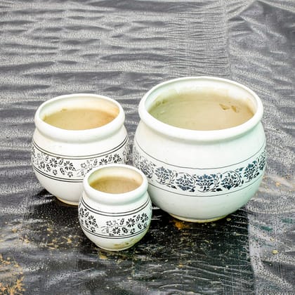 Buy Set of 3 - 5,7 & 10 Inch Classy White Matki Designer Ceramic Pot (any design) Online | Urvann.com