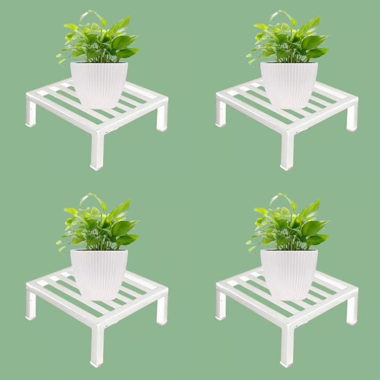 Set of 4 - 8 x 8 x 5 Inch White Heavy Square Plant Stand | Anti Rust Powder Coated | Square Planter Stand for Living Room, Outdoor & Indoor Plants - 4 Pcs