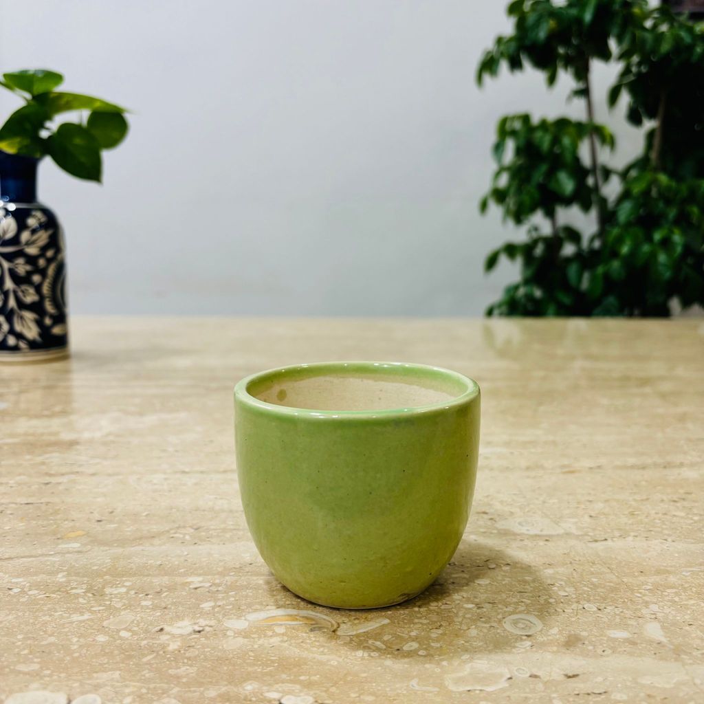 3 Inch Green Classy Cup Ceramic Pot - Minimalist Glossy Succulent Pot, Indoor Flower Pot for Home and Office Decor