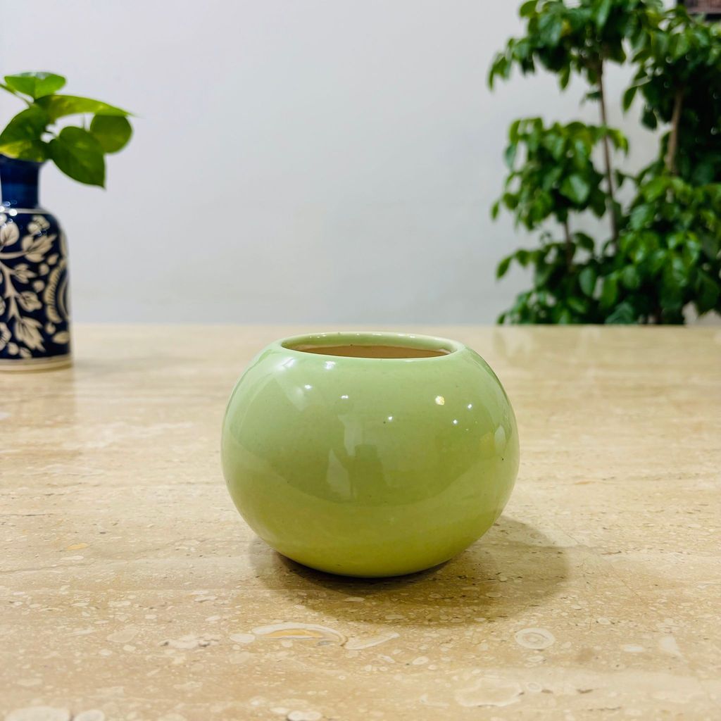 3 Inch Green Classy Ball Ceramic Pot - Minimalist Glossy Succulent Pot, Indoor Flower Pot for Home and Office Decor