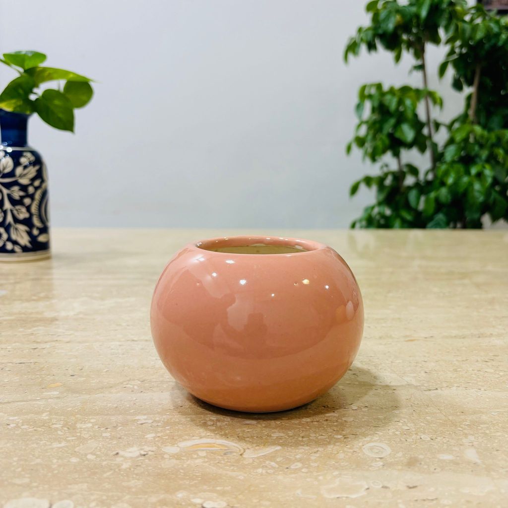 3 Inch Pink Classy Ball Ceramic Pot - Minimalist Glossy Succulent Pot, Indoor Flower Pot for Home and Office Decor