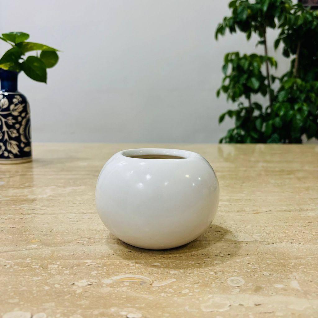 3 Inch White Classy Ball Ceramic Pot - Minimalist Glossy Succulent Pot, Indoor Flower Pot for Home and Office Decor