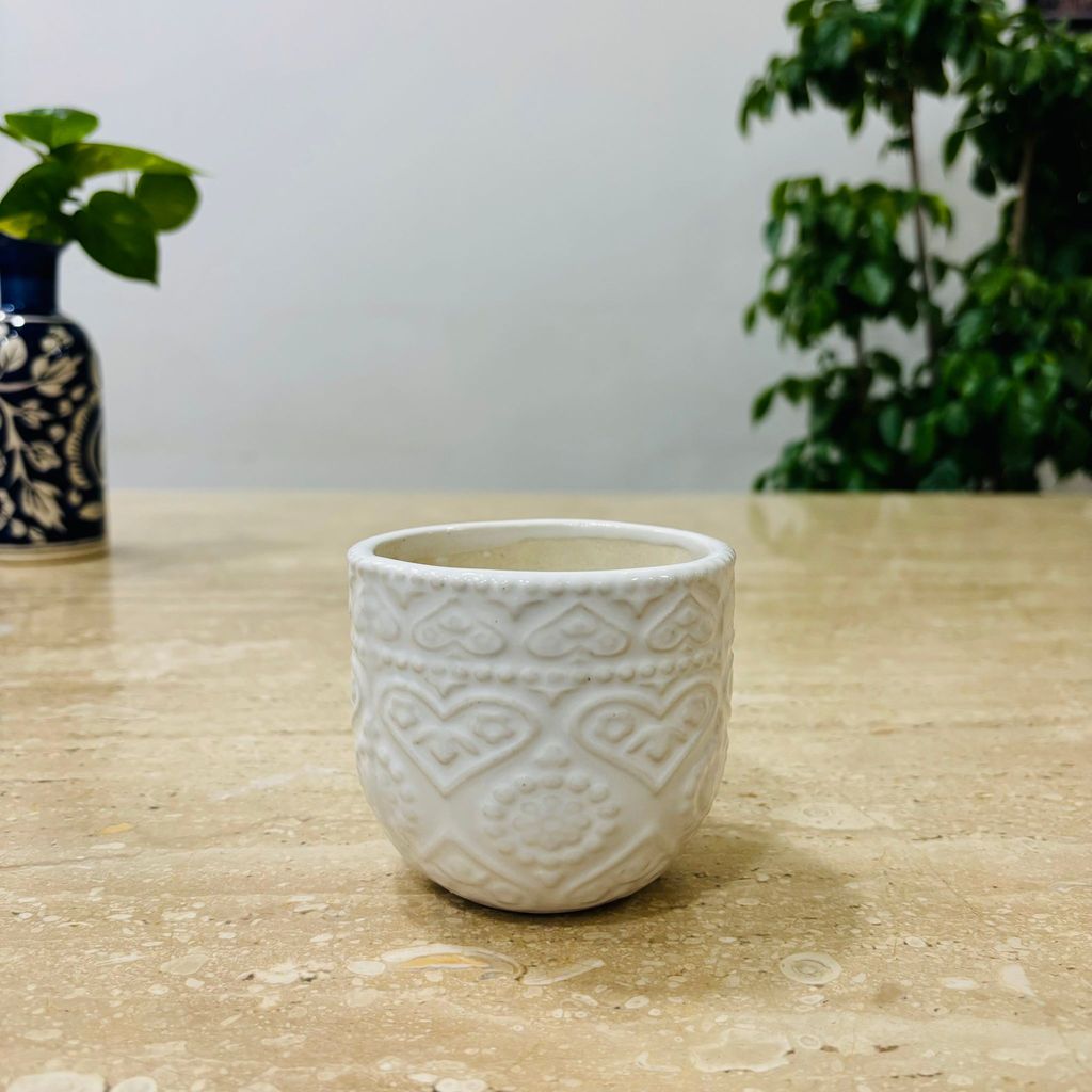 3.5 Inch White 3D Heart Handcrafted Textured Ceramic Pot - Minimalist Glossy Succulent Pot, Indoor Flower Pot for Home and Office Decor