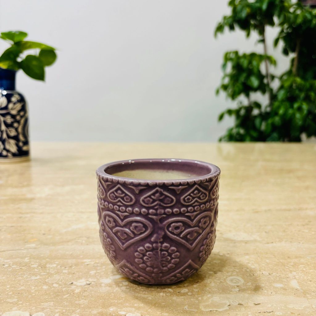 3.5 Inch Purple 3D Heart Handcrafted Textured Ceramic Pot - Minimalist Glossy Succulent Pot, Indoor Flower Pot for Home and Office Decor