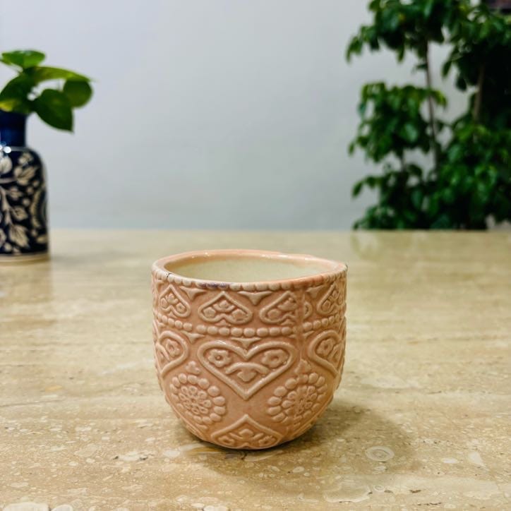 3.5 Inch Pink 3D Heart Handcrafted Textured Ceramic Pot - Minimalist Glossy Succulent Pot, Indoor Flower Pot for Home and Office Decor