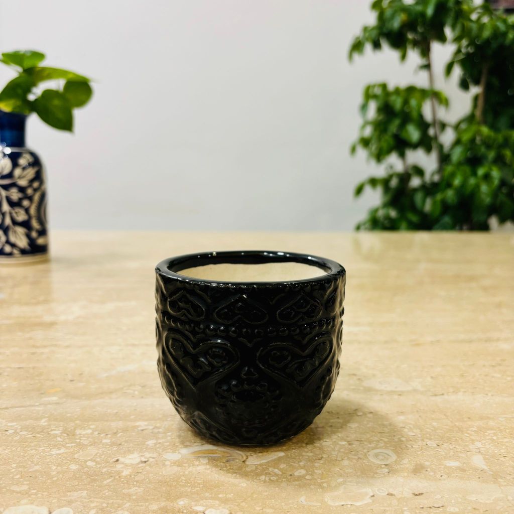 3.5 Inch Black 3D Heart Handcrafted Textured Ceramic Pot - Minimalist Glossy Succulent Pot, Indoor Flower Pot for Home and Office Decor