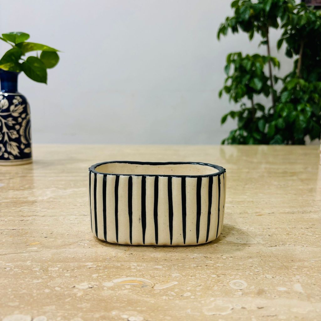 4 Inch Off White Handcrafted Designer Ceramic Tray with Black Stripes- Gloss Finish Indoor Plant Pot, Succulent Planter, Home Decor