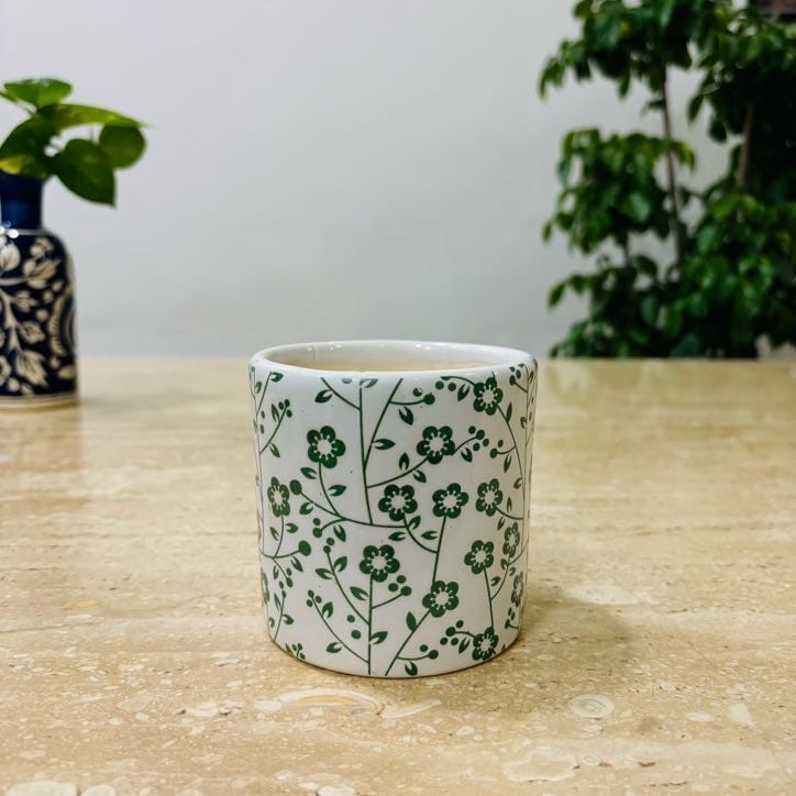 4 Inch White Handcrafted Green Floral Designer Cylindrical Ceramic Pot- Gloss Finish Indoor Plant Pot, Succulent Planter, Home Decor,Pots:Ceramic Planters:Royal Ceramic Pots