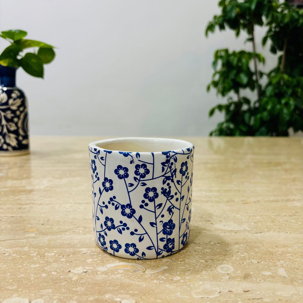 4 Inch White Handcrafted Blue Floral Designer Cylindrical Ceramic Pot- Gloss Finish Indoor Plant Pot, Succulent Planter, Home Decor