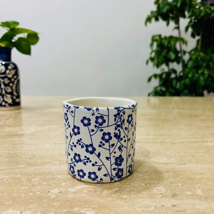 Buy 4 Inch White Handcrafted Blue Floral Designer Cylindrical Ceramic Pot- Gloss Finish Indoor Plant Pot, Succulent Planter, Home D?cor Online | Urvann.com