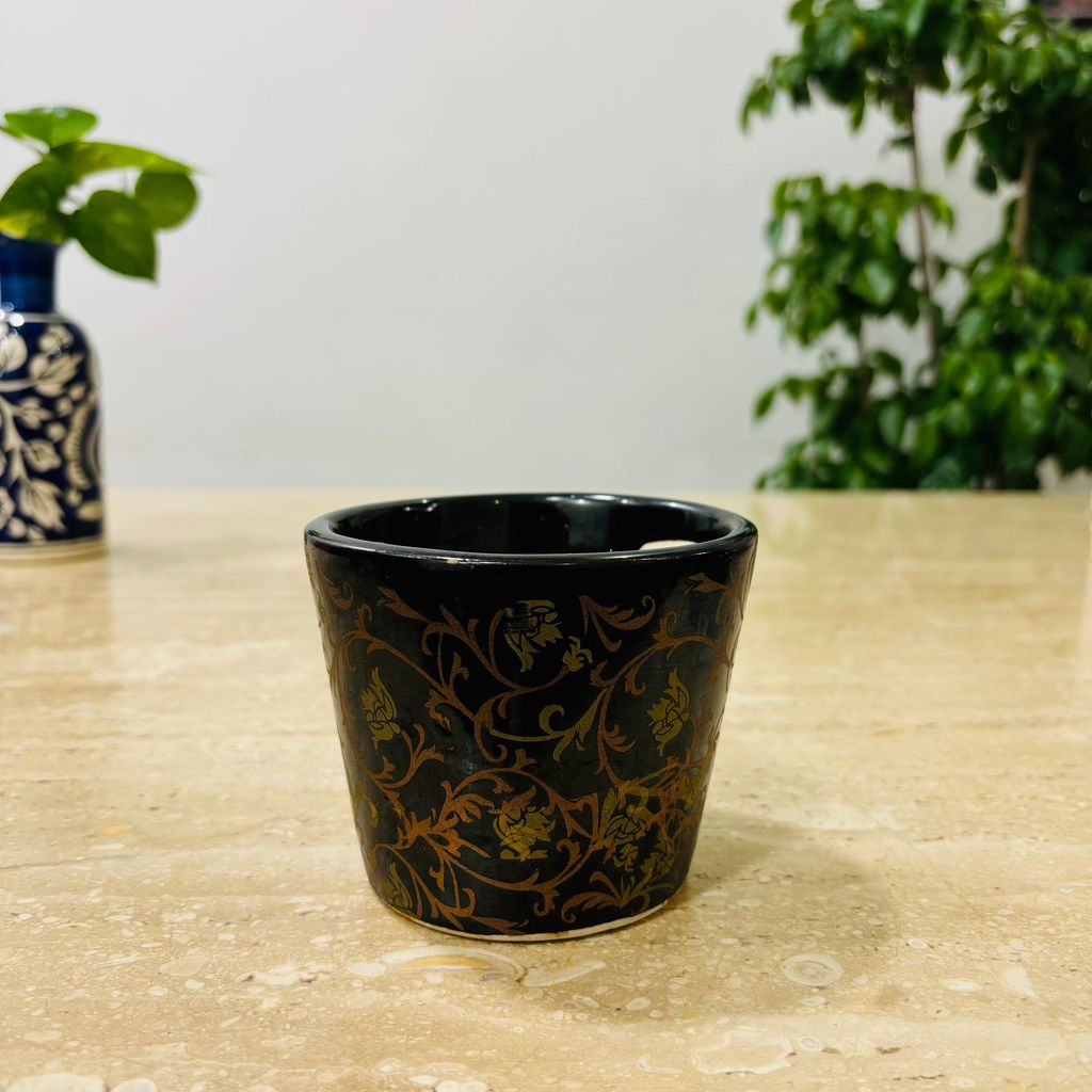 4 Inch Black Bucket Handcrafted Mughal Designer Ceramic Pot - Gloss Finish Indoor Plant Pot, Succulent Planter, Home Decor