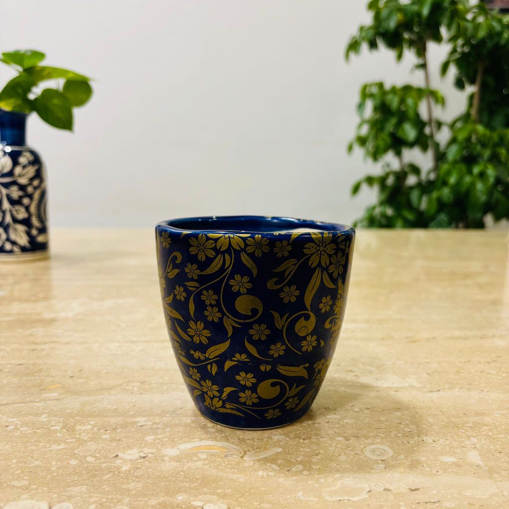 4 Inch Dark Blue Handcrafted Mughal Printed Cup Ceramic Pot- Gloss Finish Indoor Plant Pot, Succulent Planter, Home Decor,Pots:Ceramic Planters:Royal Ceramic Pots