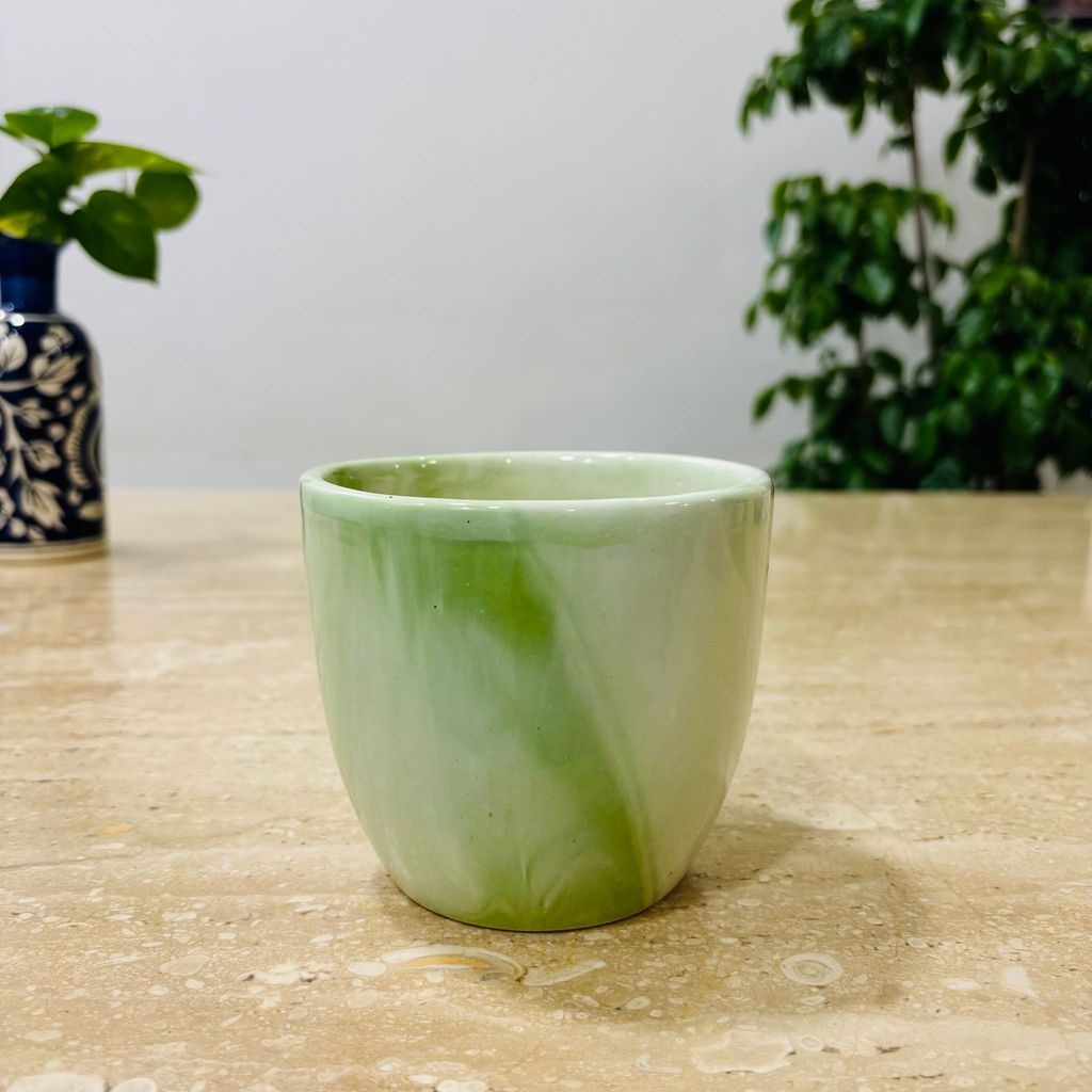 4 Inch Green Marble Handcrafted Cup Ceramic Pot- Gloss Finish Indoor Plant Pot, Succulent Planter, Home Decor