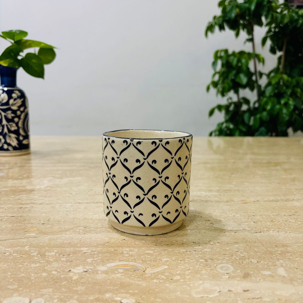 4 Inch Creme Moroccan Art Printed Handcrafted Ceramic Pot- Gloss Finish Indoor Plant Pot, Succulent Planter, Home Decor