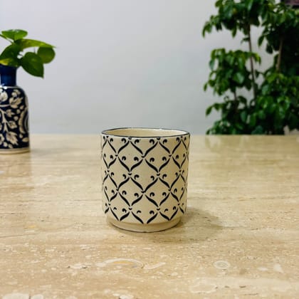 Buy 4 Inch Creme Moroccan Art Printed Handcrafted Ceramic Pot- Gloss Finish Indoor Plant Pot, Succulent Planter, Home D?cor Online | Urvann.com