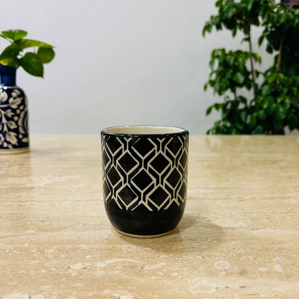 4 Inch Black Moroccan Art Printed Handcrafted Ceramic Pot- Gloss Finish Indoor Plant Pot, Succulent Planter, Home Decor