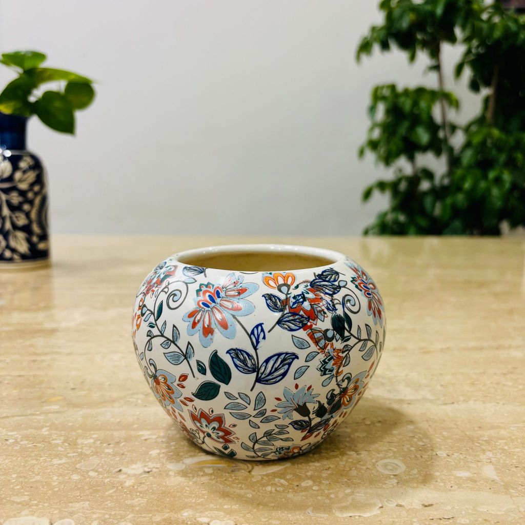 3.5 Inch White Handcrafted Mughal Printed Apple Ceramic pot- Gloss Finish Indoor Plant Pot, Succulent Planter, Home Decor,Pots:Ceramic Planters:Royal Ceramic Pots