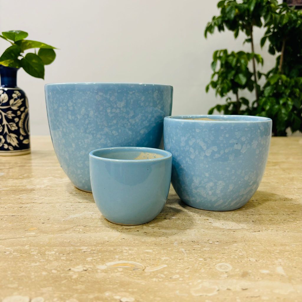 Set of 3 - 3,4 & 5.5 Inch Blue Tribal Themed Handmade Taper Ceramic Pot - Minimalist Glossy Succulent Pot, Indoor Flower Pot for Home and Office Decor