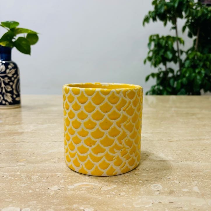 4 Inch Yellow Fish scale Textured Cylindrical Ceramic Pot - Minimalist Glossy Succulent Pot, Indoor Flower Pot for Home and Office Décor,Pots:Ceramic Planters:Royal Ceramic Pots