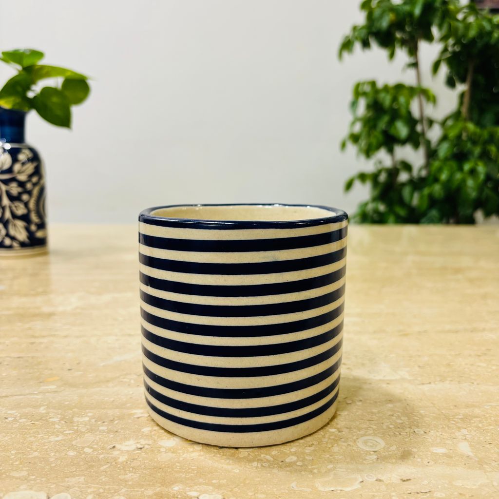 4 Inch Blue White Stripes Textured Cylindrical Ceramic Pot - Minimalist Glossy Succulent Pot, Indoor Flower Pot for Home and Office Décor