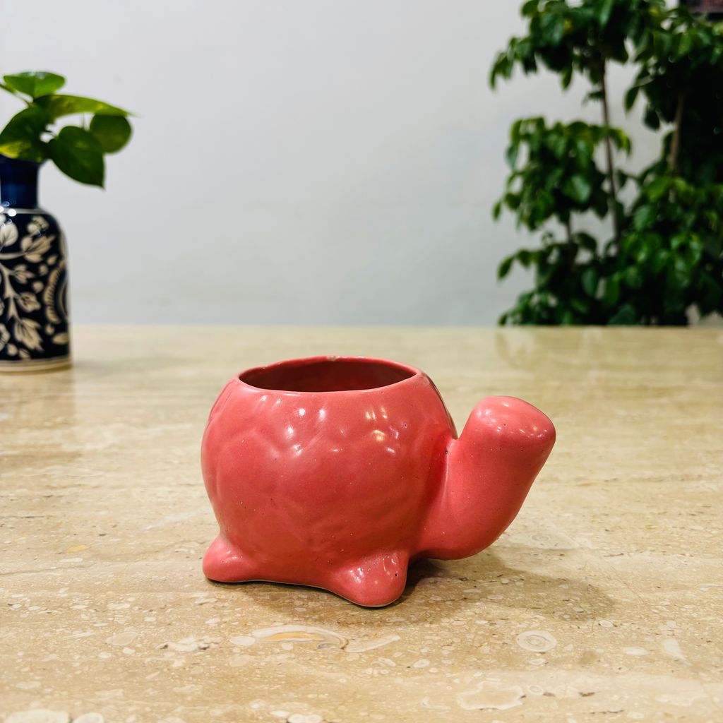 4 Inch Cute Designer Pink Textured Mini Turtle Shaped Ceramic Pot - Minimalist Glossy Succulent Pot, Indoor Flower Pot for Home and Office Décor