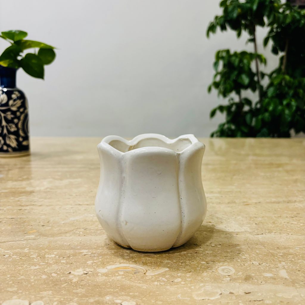 4 Inch White Tulip Designer Ceramic Pot - Minimalist Glossy Succulent Pot, Indoor Flower Pot for Home and Office Décor