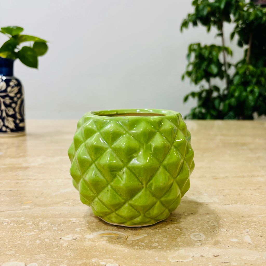 4 Inch Classy Green Pineapple Textured Ceramic Pot - Minimalist Glossy Succulent Pot, Indoor Flower Pot for Home and Office Décor,Pots:Ceramic Planters:Royal Ceramic Pots