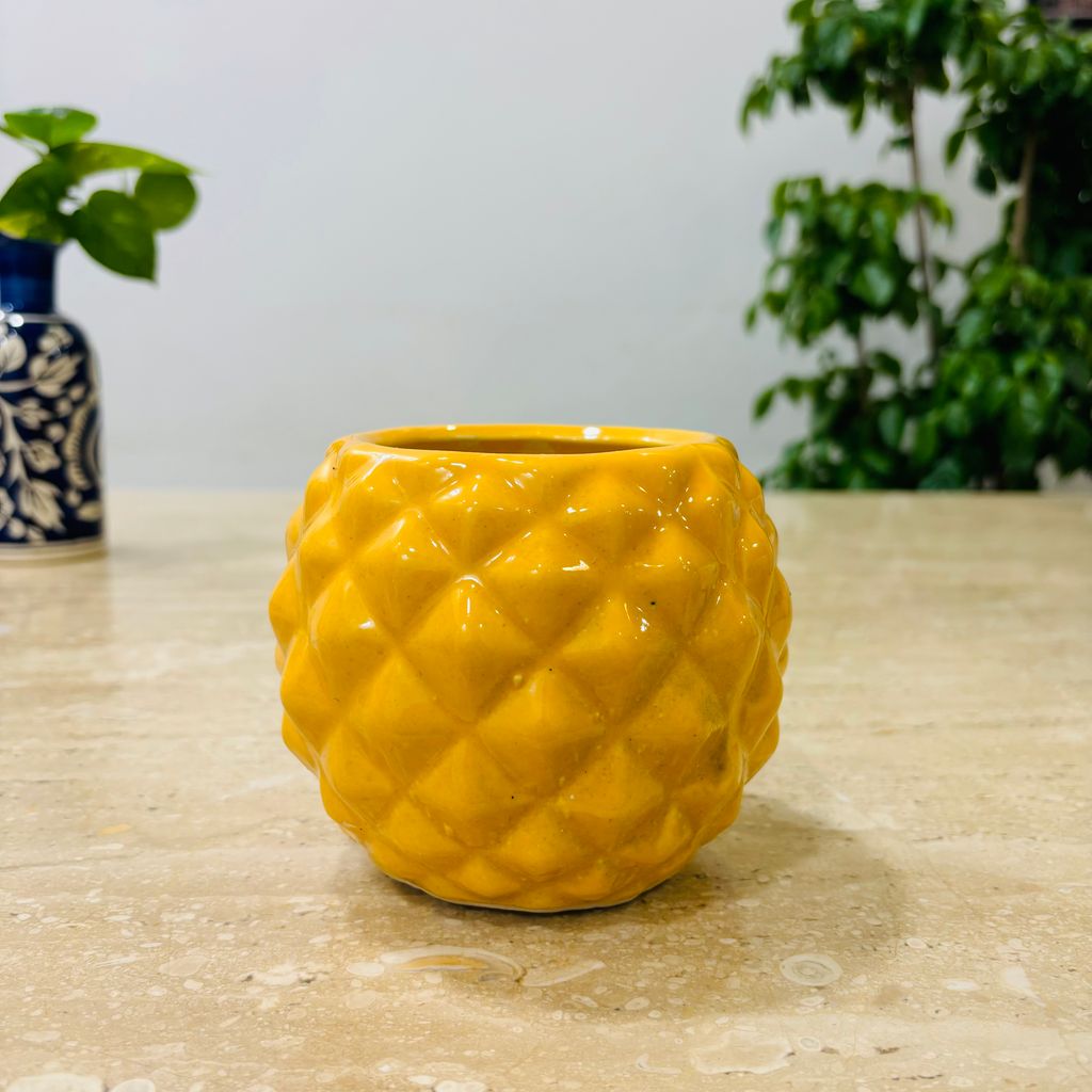 4 Inch Classy Yellow Pineapple Textured Ceramic Pot - Minimalist Glossy Succulent Pot, Indoor Flower Pot for Home and Office Décor,Pots:Ceramic Planters:Royal Ceramic Pots