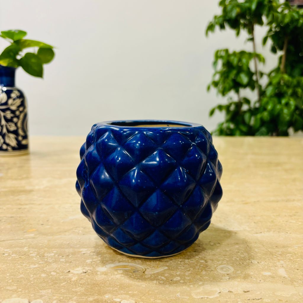 4 Inch Classy Dark Blue Pineapple Textured Ceramic Pot - Minimalist Glossy Succulent Pot, Indoor Flower Pot for Home and Office Décor,Pots:Ceramic Planters:Royal Ceramic Pots