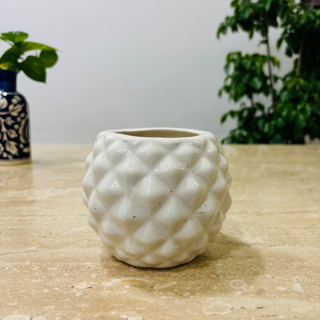 4 Inch Classy White Pineapple Textured Ceramic Pot - Minimalist Glossy Succulent Pot, Indoor Flower Pot for Home and Office D�cor,Pots:Ceramic Planters:Royal Ceramic Pots